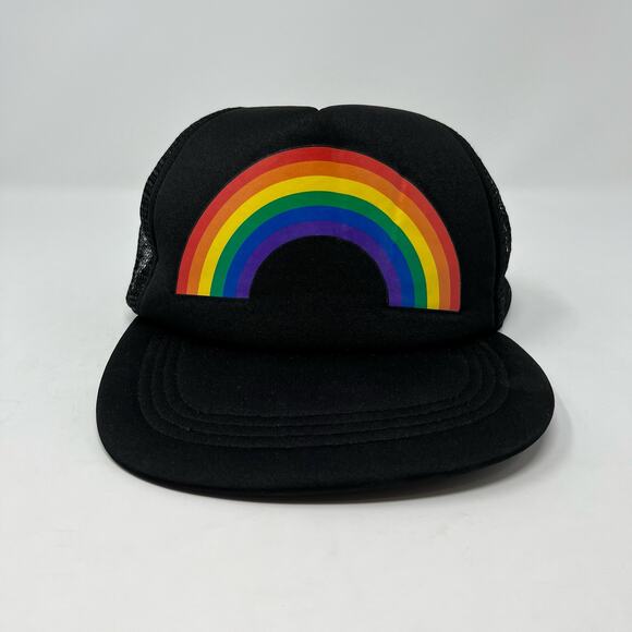 Black Trucker Hat with Rainbow Graphic Mesh Snap Back Baseball Cap Unisex - Picture 1 of 5